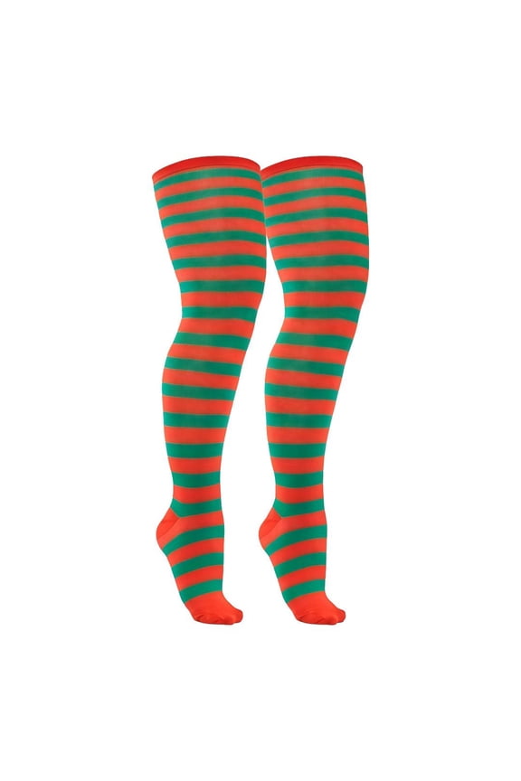 Plus Size Thin Striped Patterned Socks (Thigh High) - Red and Green