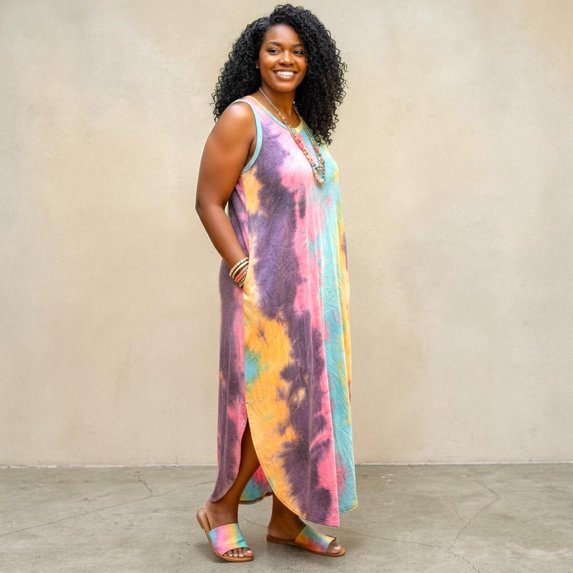 Plus Size Tie Dye V Neck Tie Dye Round Hem Maxi Dress
