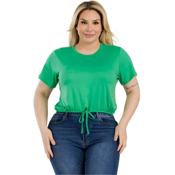 Plus Size Tie Front Drawstring Short Sleeve Crop Top