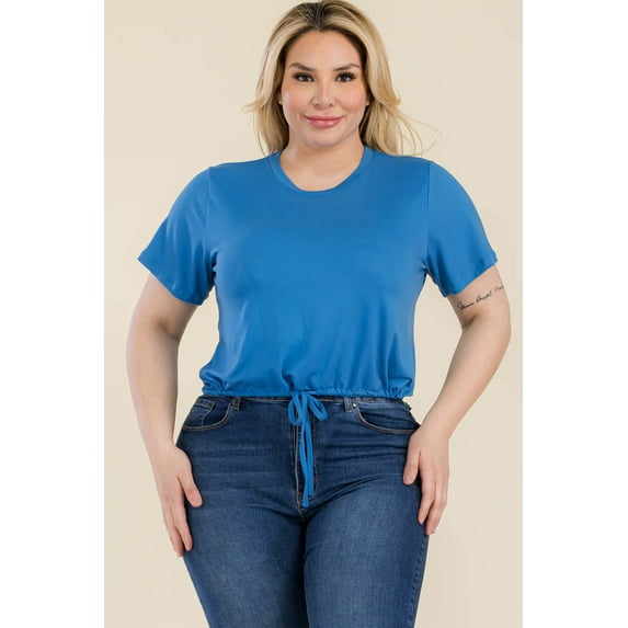 Plus Size Tie Front Drawstring Short Sleeve Crop Top
