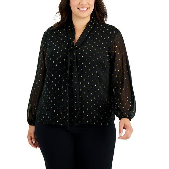 Plus Size Tie Neck Blouse Deep Black 3X