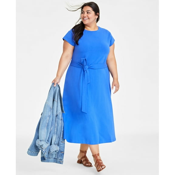 Plus Size Tie-Waist A-Line Midi Dress Cobalt Glaze 2X
