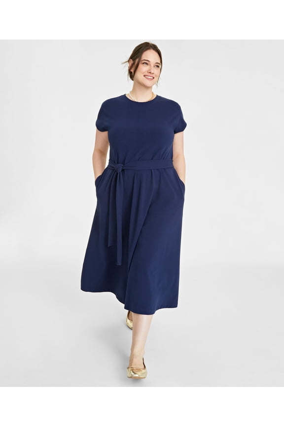 Plus Size Tie-Waist A-Line Midi Dress Intrepid Blue 3X