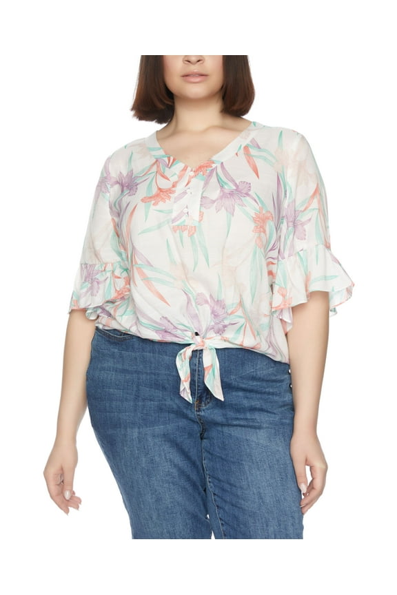 Plus Size Tie Waist Flutter Sleeves Top Off White 2X