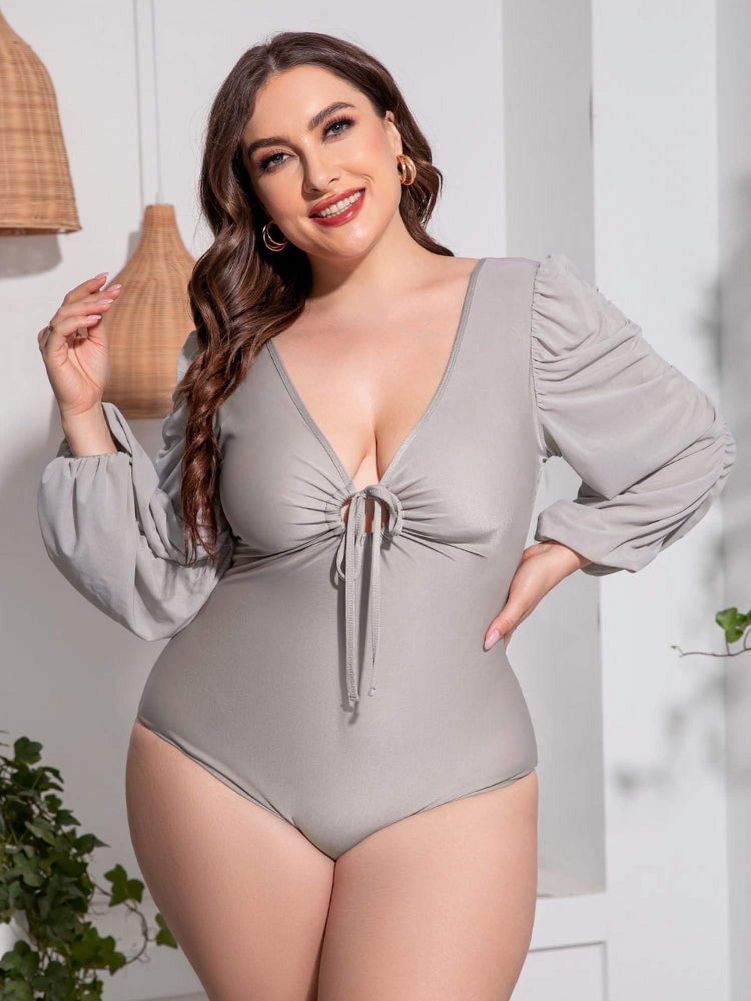 Plus Size Tied Deep V Balloon Sleeve One-Piece Swimsuit main image 0