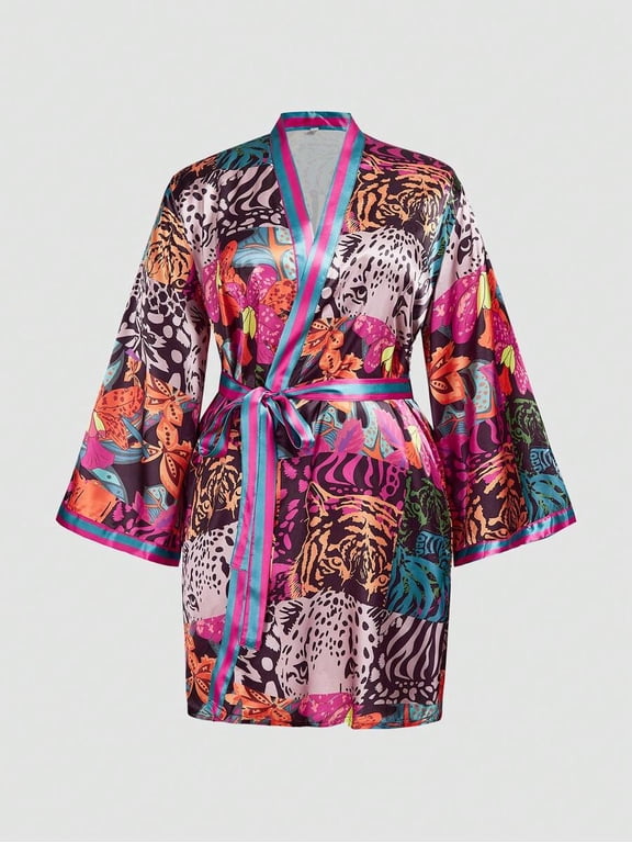 Plus Size Tiger Plant Pattern Contrast Stripe Robe