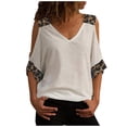 thumbnail image 1 of Plus Size Top ,Women Leopard Print Short Sleeve V-neck Cold Shoulder Shirt Blouse Tops White M, 1 of 6