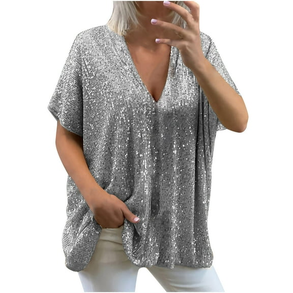 Plus Size Top ,Women Short Sleeve Sequins Loose Polluer Solid V-Neck Blouse Shirt Tops Gray 12(XXL)