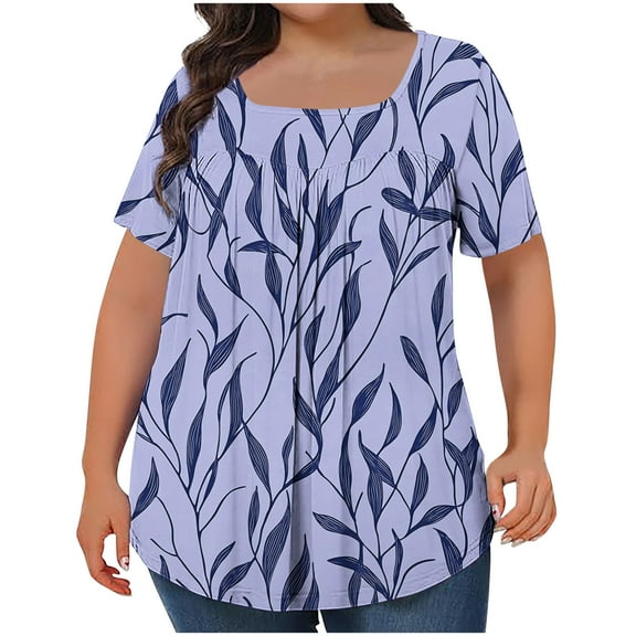 Plus Size Top for Womens Casual Summer Short Sleeve T Shirts Fashion Spring Floral Printing Pullover Oversized Loose Square Collar Blouses Tops 01#Purple 3XL