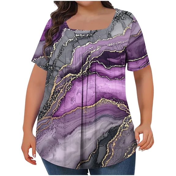 Plus Size Top for Womens Casual Summer Short Sleeve T Shirts Fashion Spring Floral Printing Pullover Oversized Loose Square Collar Blouses Tops 02#Purple 3XL