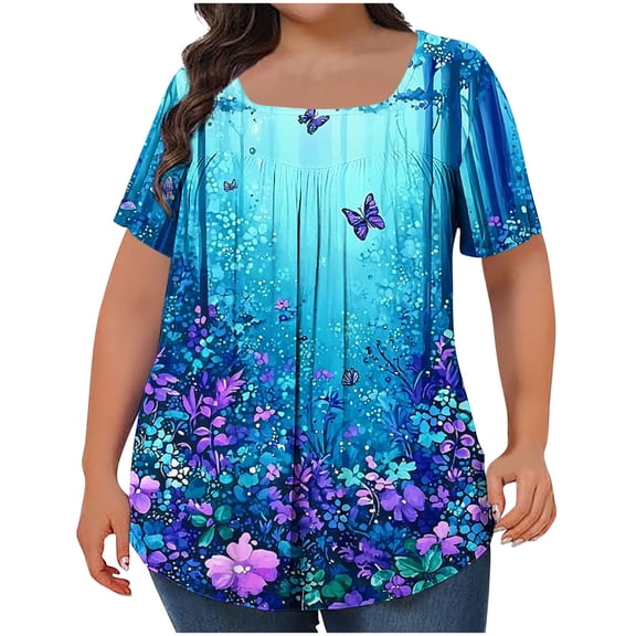Plus Size Top for Womens Casual Summer Short Sleeve T Shirts Fashion Spring Floral Printing Pullover Oversized Loose Square Collar Blouses Tops 03#Blue 3XL