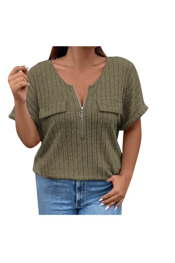 Plus Size Top for Women Short Sleeve Blouses Zip-up V Neck Top Womens Fashion 2025 Trendy Casual Work Shirt 1X-5X