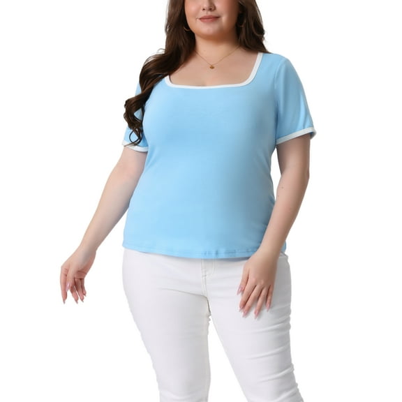 Plus Size Top for Women Square Neck Short Sleeve t Shirt Ribbed Color Block Slim Fit Knit Basic Tee Tops 4X Blue