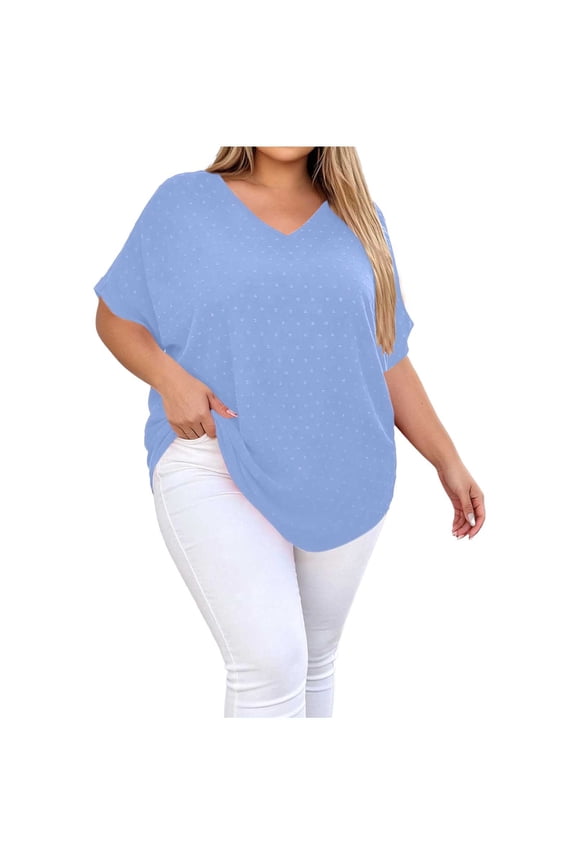 Plus Size Top for Women Swiss Dot Top V-Neck Blouse with Short Sleeve Casual Work Summer Tops