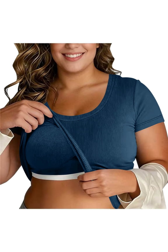 Plus Size Top for Women with Built in Bra Short Sleeve Fitted Crewneck Base Tee Shirts Shelf Bras Plain Tshirts (5XL, Navy)