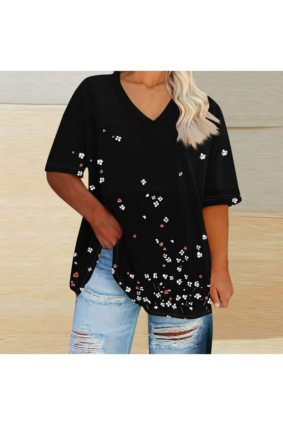 Plus Size Tops 4X Women​ Under $10 ​V-Neck Short Sleeved Printing Base Shirt
