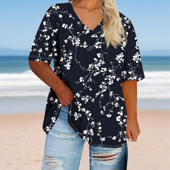 Plus Size Tops 4X Women​ Under $10 V-neck Short Sleeved Solid Summer Base Shirt Sports T-shirt