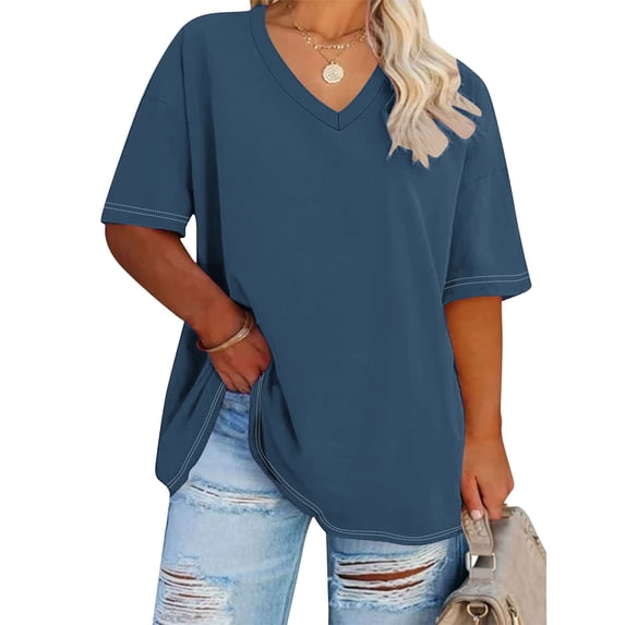 Plus Size Tops Short Sleeve V-Neck Ladies Tshirts Oversized Solid Tops Clothes under $5.00