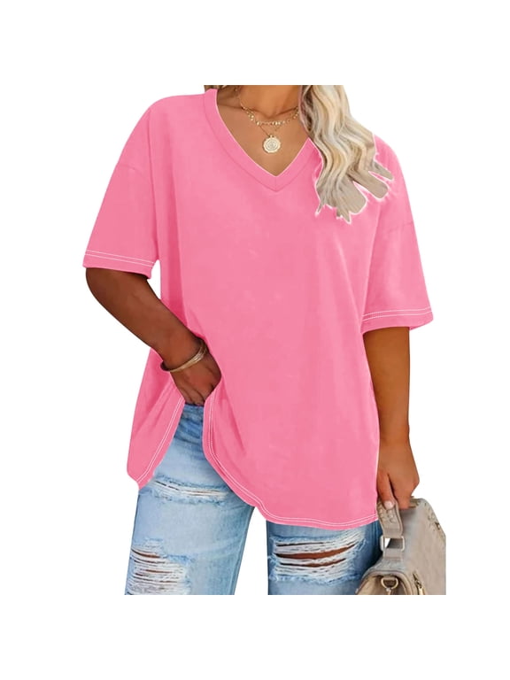 Plus Size Tops Short Sleeve V-Neck Ladies Tshirts Oversized Solid Tops Clothes under $5.00