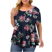 Plus Size Tops Clearance Under $10 Charella Women Plus Size Floral Print Blouse Short Sleeve Crewneck Loose T-Shirt Tops Navy_B,4XL
