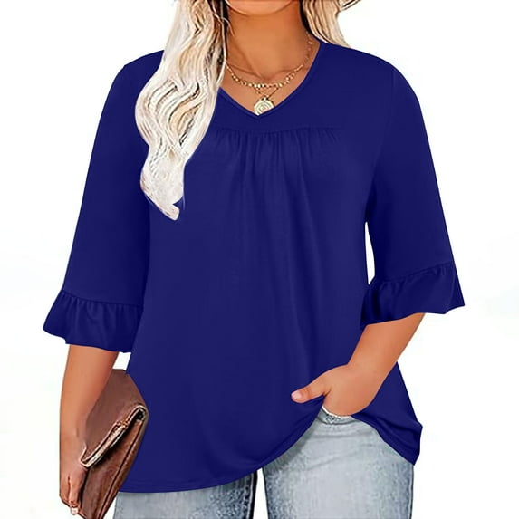 Plus Size Tops Cotton 3/4 Ruffled Sleeve V-neck Pleated Casual Loose Fitting Shirt Womens Tops Blue 3XL