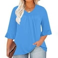 thumbnail image 1 of Plus Size Tops Cotton 3/4 Ruffled Sleeve V-neck Pleated Casual Loose Fitting Shirt Womens Tops Sky Blue 4XL, 1 of 5