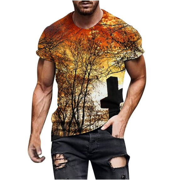 Plus Size Tops Fall 2023 for Men Short Sleeve Graphic Tees for Men, Round Neck Loose Fit Corss Printing Mens Shirts Trendy, Gifts for Men New Fashion(Yellow,L)