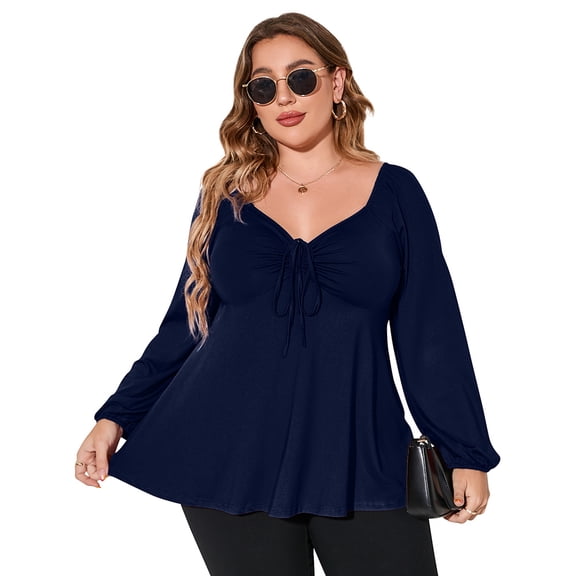 Plus Size Tops For Women Lantern Sleeve V Neck High Waist Blouse Shirt
