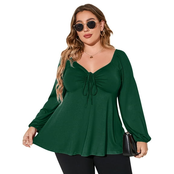 Plus Size Tops For Women Lantern Sleeve V Neck High Waist Blouse Shirt