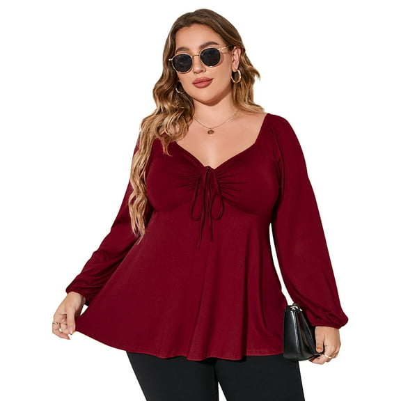Plus Size Tops For Women Lantern Sleeve V Neck High Waist Blouse Shirt