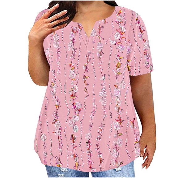 Plus Size Tops For Women Printed V Neck Blouse Casual Loose Summer Short Sleeve Blouse