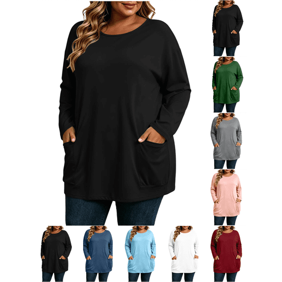 Plus Size Tops Nelozsy Fashion Women's Casual Solid Color Loose Long Sleeve Round-neck Oversize Shirt Black L