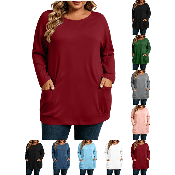 Plus Size Tops Nelozsy Fashion Women's Casual Solid Color Loose Long Sleeve Round-neck Oversize Shirt Red XXXL