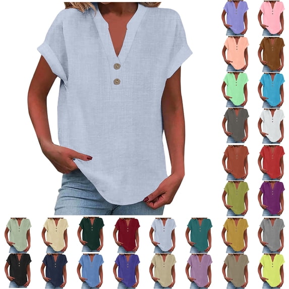 Plus Size Tops Sawvnm Women's Fashion Solid Button Shirt Female V-Neck Loose T-shirt Blouse Blue 5XL
