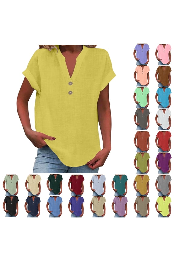 Plus Size Tops Sawvnm Women's Fashion Solid Button Shirt Female V-Neck Loose T-shirt Blouse Yellow XL