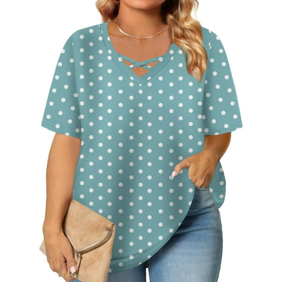 Plus Size Tops Sevevn Women's Fashion Summer Printed Plus Size Short Sleeve V-Neck Blouses Women's T-Shirts