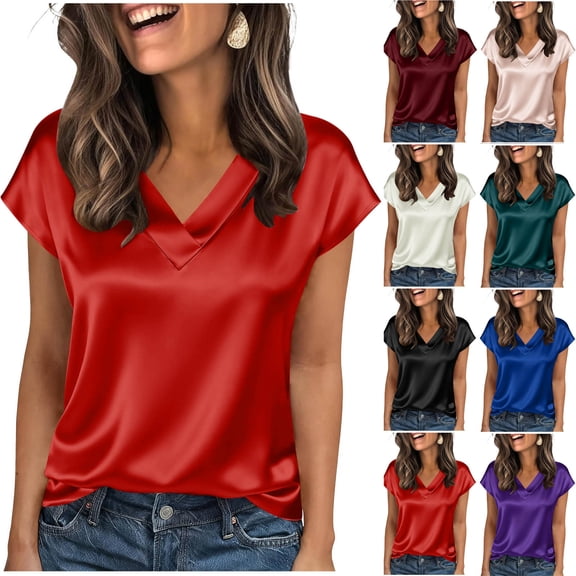 Plus Size Tops Shirts for Womens Summer Fashion 2026 Solid Color Leisure T-shirt V-neck Leisure Tops Satin Shirts