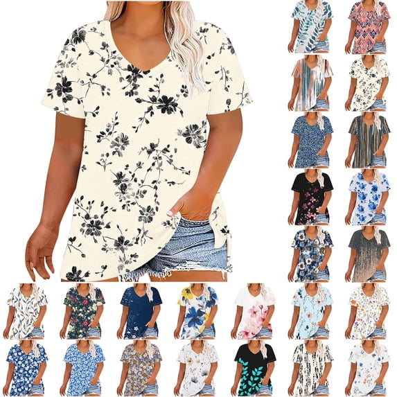 Plus Size Tops Short Sleeve V-Neck Ladies Tshirts Oversized Solid Tops Clothes under $5.00 Beige XXL
