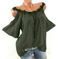 thumbnail image 1 of Plus Size Tops Strapless Cold Shoulder Applique Collar Round Neck Flower Solid Blouse Womens Tops Clearance Green 3XL, 1 of 3