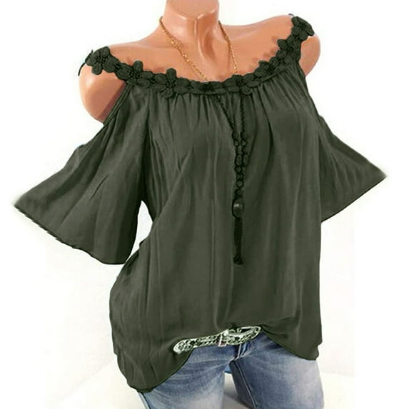 Plus Size Tops Strapless Cold Shoulder Applique Collar Round Neck Flower Solid Blouse Womens Tops Clearance Green 3XL