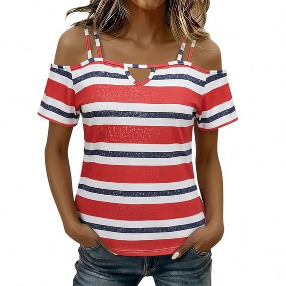 Plus Size Tops, Striped Shirts Womens Cold Shoulder Tops Casual Off Short Sleeve Open Shirts Keyhole Neck Going Out Summer Tops Red S