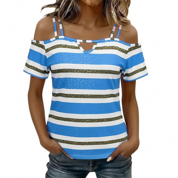 Plus Size Tops, Striped Shirts Womens Cold Shoulder Tops Casual Off Short Sleeve Open Shirts Keyhole Neck Going Out Summer Tops Sky Blue S