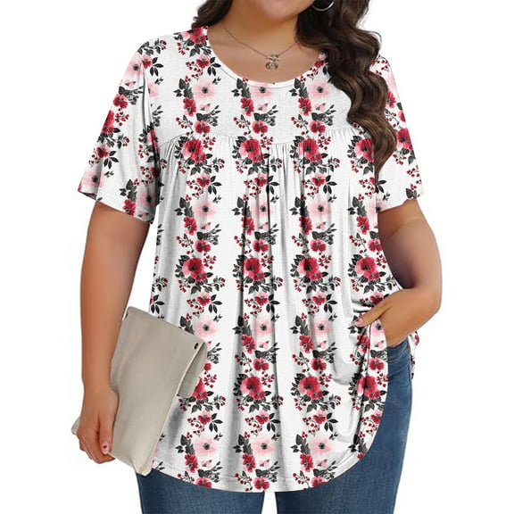 Plus Size Tops T-shirts for Women Tunic Short Sleeve Shirts Floral Blouses Loose Summer Tops Round Neck Summer Fashion Basic Daily Essentials L-5XL
