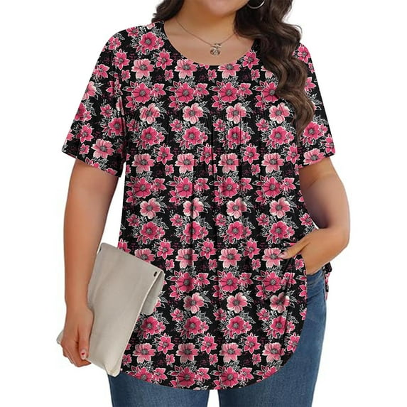Plus Size Tops T-shirts for Women Tunic Short Sleeve Shirts Floral Blouses Loose Summer Tops Round Neck Summer Fashion Basic Daily Essentials L-5XL
