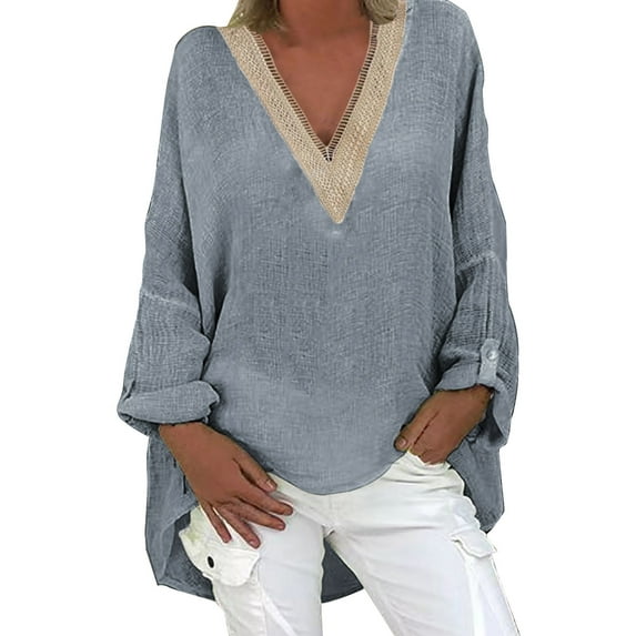 Plus Size Tops Trendy Western Tops for Ladies V-Neck Pullover Loose Tunic Long Sleeve T Shirts Solid Color Sweatshirts Womens Spring Fashion Gray XXXL