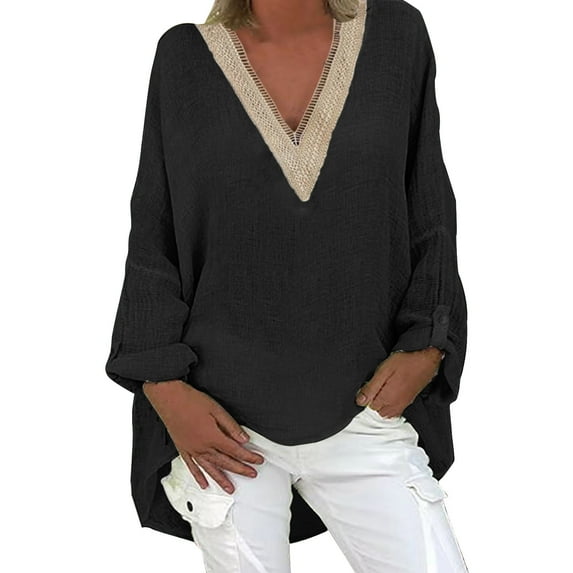 Plus Size Tops Trendy Western Tops for Ladies V-Neck Pullover Loose Tunic Long Sleeve T Shirts Solid Color Sweatshirts Womens Spring Fashion Black XL