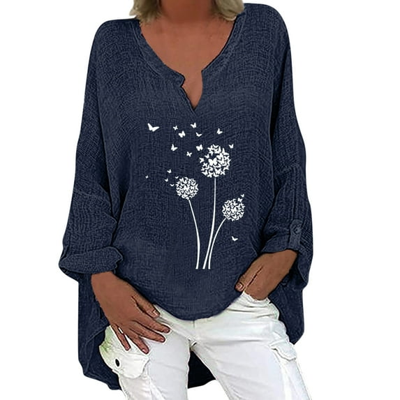 Plus Size Tops Trendy Western Tops for Ladies V-Neck Pullover Loose Tunic Long Sleeve T Shirts Solid Color Sweatshirts Womens Spring Fashion Navy XL