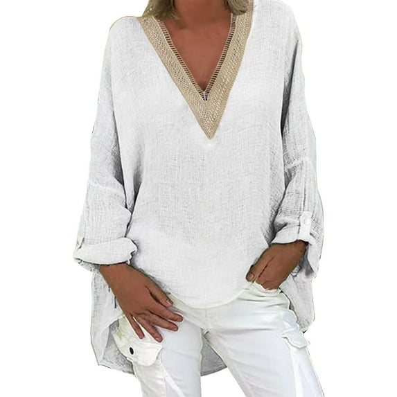 Plus Size Tops Trendy Western Tops for Ladies V-Neck Pullover Loose Tunic Long Sleeve T Shirts Solid Color Sweatshirts Womens Spring Fashion White M