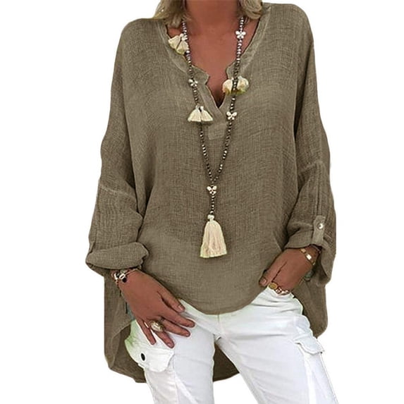 Plus Size Tops Trendy Western Tops for Ladies V-Neck Pullover Loose Tunic Long Sleeve T Shirts Solid Color Sweatshirts Womens Spring Fashion brown M