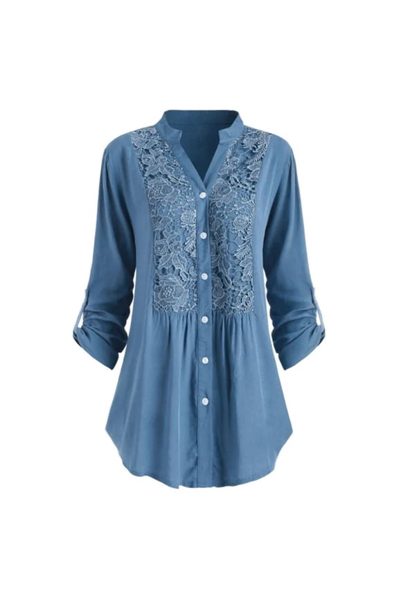 Plus Size Tops for Women 22-24 Loose Fit Long Sleeve Tunics Y2K Floral Lace Scalloped Hem 3/4 Sleeve V Neck T-shirt Plain Tee Summer Spring Elegant Tunic Tops Casual Ladies Blouses Oversized